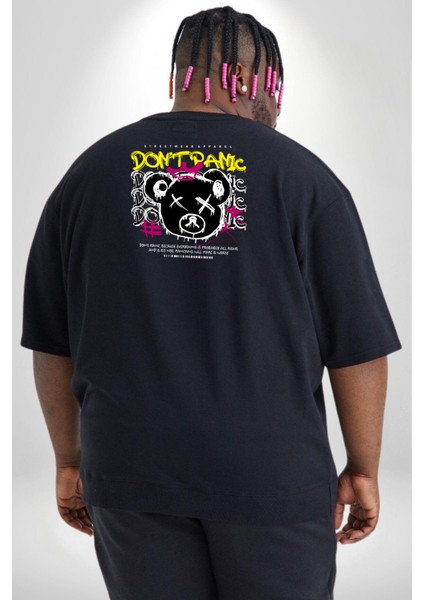 Panik Yok Teddy Büyük Beden Siyah Tişört Kadın Erkek Ünisex Sırt Baskılı fırsatları