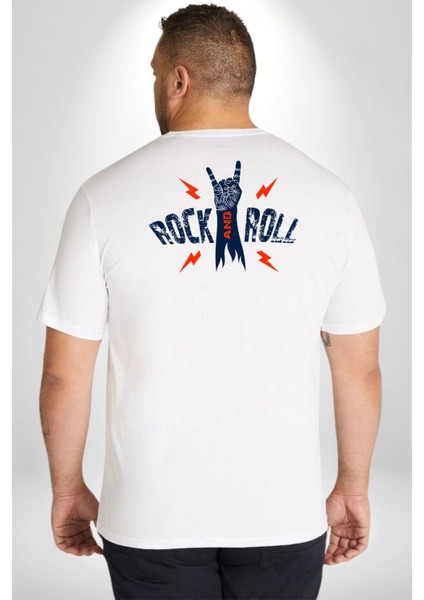 Rock And Roll Rock El Işareti Büyük Beden Beyaz Tişört Kadın Erkek Ünisex Sırt Baskılı