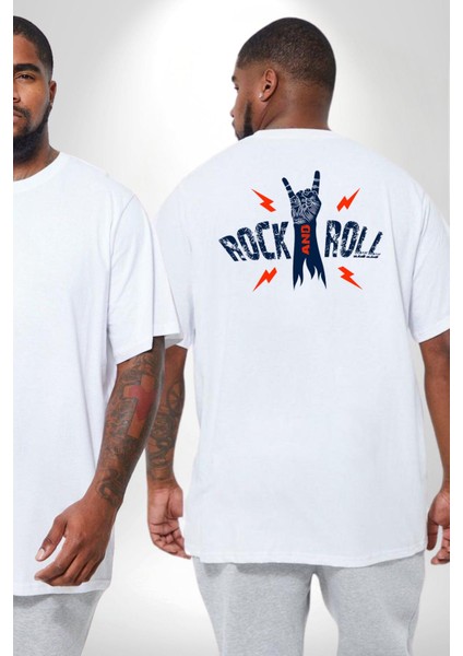 Rock And Roll Rock El Işareti Büyük Beden Beyaz Tişört Kadın Erkek Ünisex Sırt Baskılı fiyatları