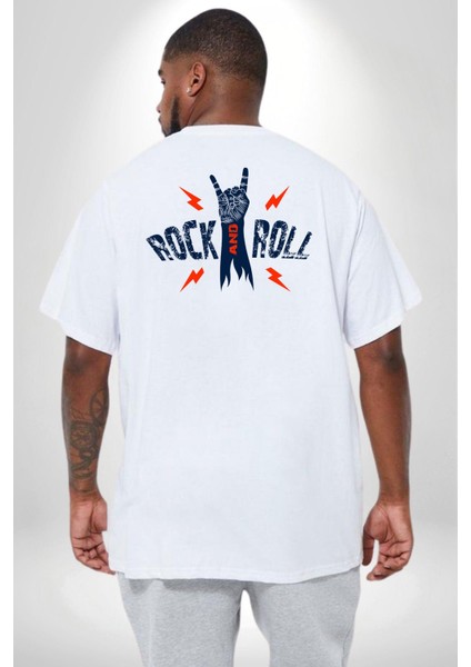 Rock And Roll Rock El Işareti Büyük Beden Beyaz Tişört Kadın Erkek Ünisex Sırt Baskılı fırsatları