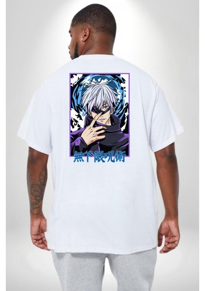 Jujutsu Vintage Washed - Megumi Gojo Anime Manga Büyük Beden Beyaz Tişört Kadın Erkek Ünisex Sırt Baskılı