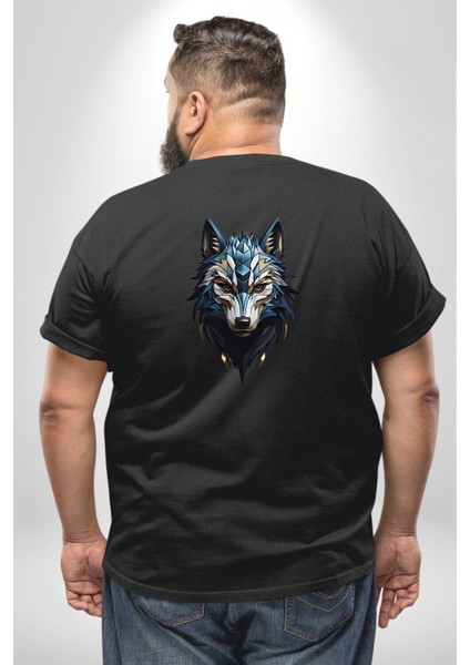 Mavi Kurt Robot Büyük Beden Siyah Tişört Kadın Erkek Ünisex Sırt Baskılı
