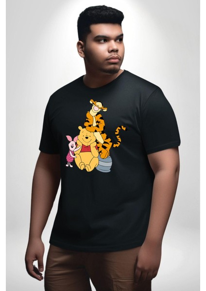 Winnie The Pooh Piglet Tiger Siyah Büyük Beden Erkek Kadın Unisex Basic Ön Baskılı Tişört