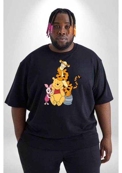 Winnie The Pooh Piglet Tiger Siyah Büyük Beden Erkek Kadın Unisex Basic Ön Baskılı Tişört