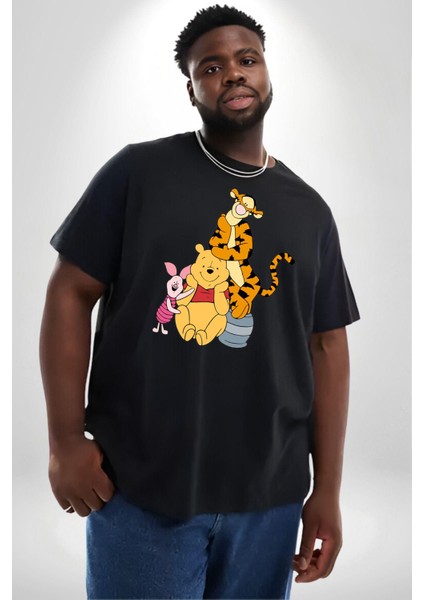 Winnie The Pooh Piglet Tiger Siyah Büyük Beden Erkek Kadın Unisex Basic Ön Baskılı Tişört