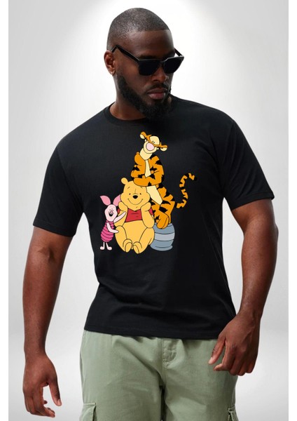 Winnie The Pooh Piglet Tiger Siyah Büyük Beden Erkek Kadın Unisex Basic Ön Baskılı Tişört