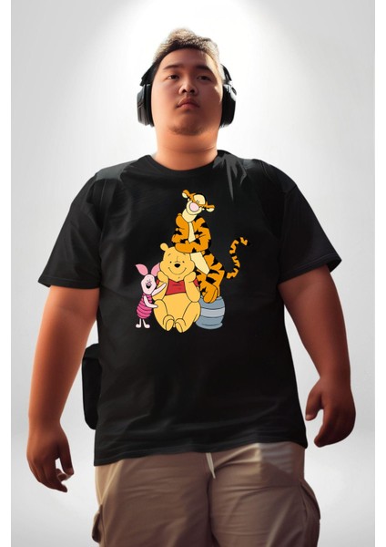 Winnie The Pooh Piglet Tiger Siyah Büyük Beden Erkek Kadın Unisex Basic Ön Baskılı Tişört
