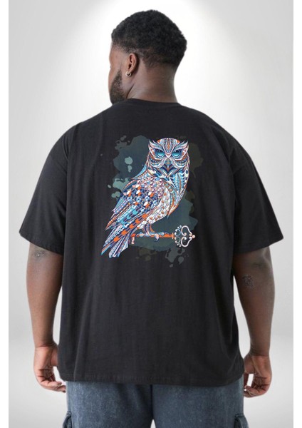 Anahtar Baykuş Tuval Büyük Beden Siyah Tişört Kadın Erkek Ünisex Sırt Baskılı