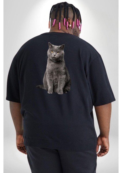 British Shorthair Kedi Büyük Beden Siyah Tişört Kadın Erkek Ünisex Sırt Baskılı