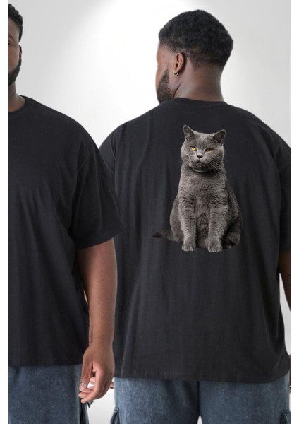 British Shorthair Kedi Büyük Beden Siyah Tişört Kadın Erkek Ünisex Sırt Baskılı fiyatları