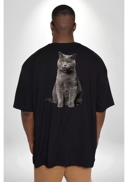British Shorthair Kedi Büyük Beden Siyah Tişört Kadın Erkek Ünisex Sırt Baskılı fırsatları