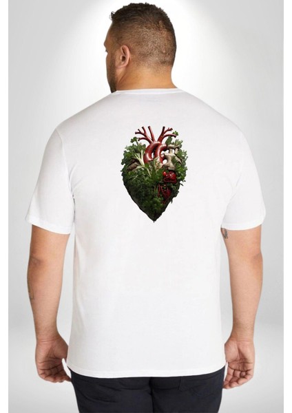 Doğanın Kalbi Yeşillikler Kalp Büyük Beden Beyaz Tişört Kadın Erkek Ünisex Sırt Baskılı