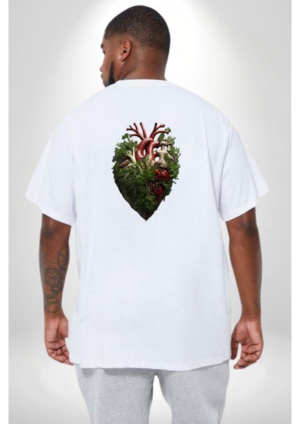 Doğanın Kalbi Yeşillikler Kalp Büyük Beden Beyaz Tişört Kadın Erkek Ünisex Sırt Baskılı fırsatları