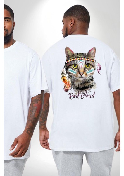 Red Cloud Kedi Hintli Büyük Beden Beyaz Tişört Kadın Erkek Ünisex Sırt Baskılı fiyatları