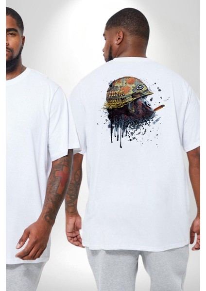 Kasket Miğfer Goril Savaşcı Büyük Beden Beyaz Tişört Kadın Erkek Ünisex Sırt Baskılı fiyatları