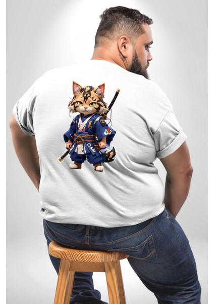 Asyalı Kedi Samuray Savaşcı Büyük Beden Beyaz Tişört Kadın Erkek Ünisex Sırt Baskılı