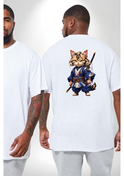 Asyalı Kedi Samuray Savaşcı Büyük Beden Beyaz Tişört Kadın Erkek Ünisex Sırt Baskılı fiyatları