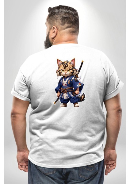 Asyalı Kedi Samuray Savaşcı Büyük Beden Beyaz Tişört Kadın Erkek Ünisex Sırt Baskılı fırsatları