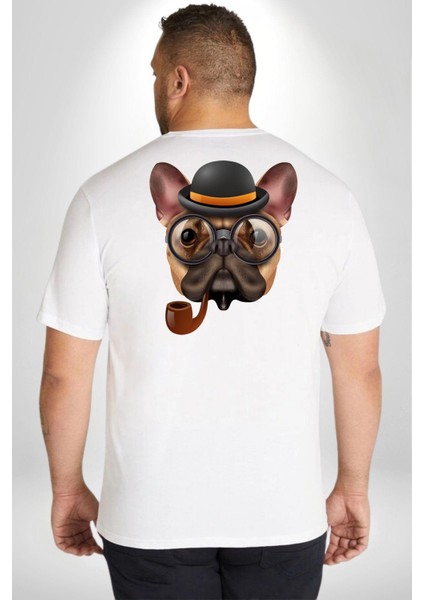 Köpek Pug Gözlüklü Büyük Beden Beyaz Tişört Kadın Erkek Ünisex Sırt Baskılı