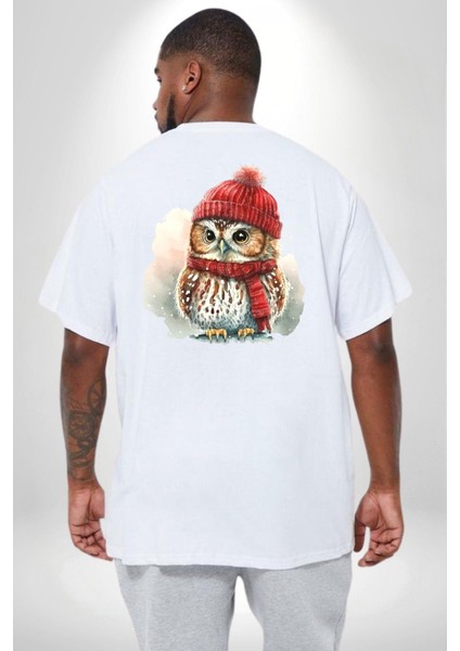Kış Beyaz Atkı Bere Baykuş Büyük Beden Beyaz Tişört Kadın Erkek Ünisex Sırt Baskılı