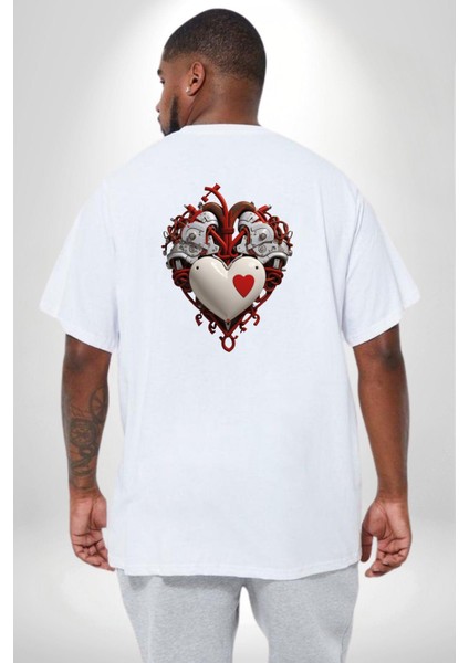 Robot Kalp Atardamar Büyük Beden Beyaz Tişört Kadın Erkek Ünisex Sırt Baskılı