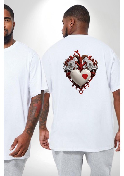 Robot Kalp Atardamar Büyük Beden Beyaz Tişört Kadın Erkek Ünisex Sırt Baskılı fiyatları
