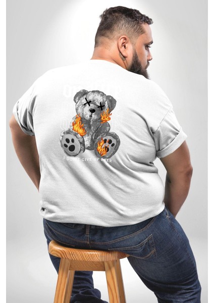 Ateşli Teddy Büyük Beden Beyaz Tişört Kadın Erkek Ünisex Sırt Baskılı