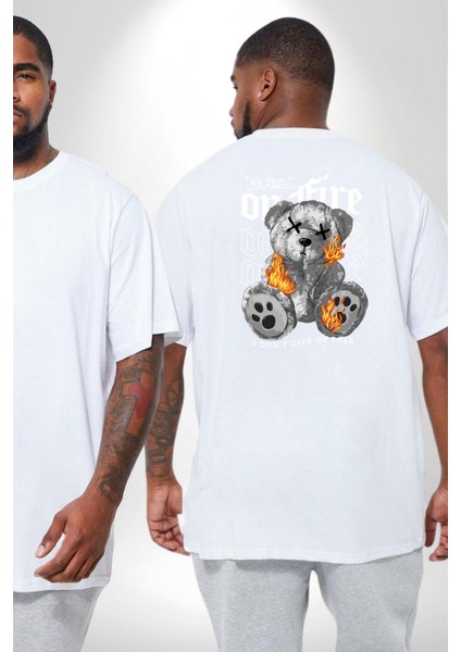 Ateşli Teddy Büyük Beden Beyaz Tişört Kadın Erkek Ünisex Sırt Baskılı fiyatları