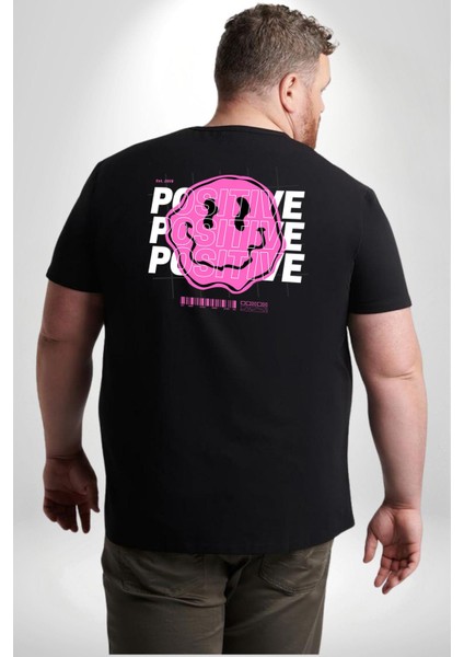 Positive Enerji Emoji Gülen Surat Büyük Beden Siyah Tişört Kadın Erkek Ünisex Sırt Baskılı