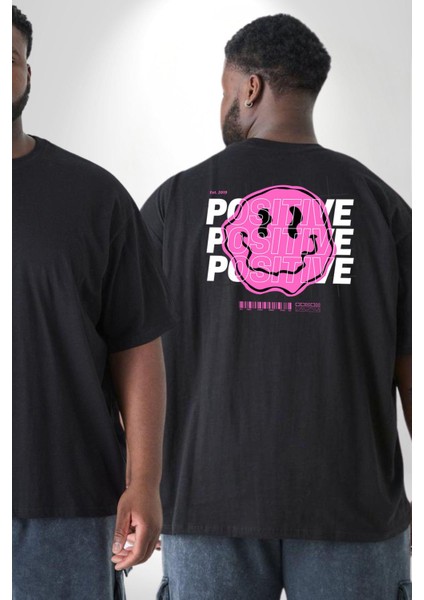 Positive Enerji Emoji Gülen Surat Büyük Beden Siyah Tişört Kadın Erkek Ünisex Sırt Baskılı fiyatları