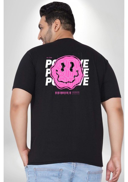 Positive Enerji Emoji Gülen Surat Büyük Beden Siyah Tişört Kadın Erkek Ünisex Sırt Baskılı fırsatları