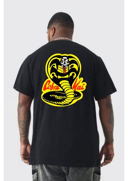 Cobra Kai Karete Çocuk Yılan Logo Dizi Büyük Beden Siyah Tişört Kadın Erkek Ünisex Sırt Baskılı