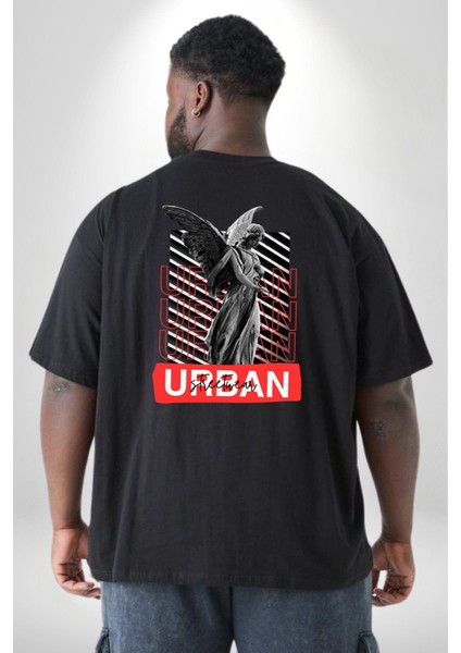 Şehir Sokak Stili Melek Heykeli Büyük Beden Siyah Tişört Kadın Erkek Ünisex Sırt Baskılı