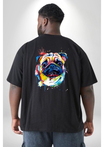 Sulu Boya Pug Köpek Büyük Beden Siyah Tişört Kadın Erkek Ünisex Sırt Baskılı
