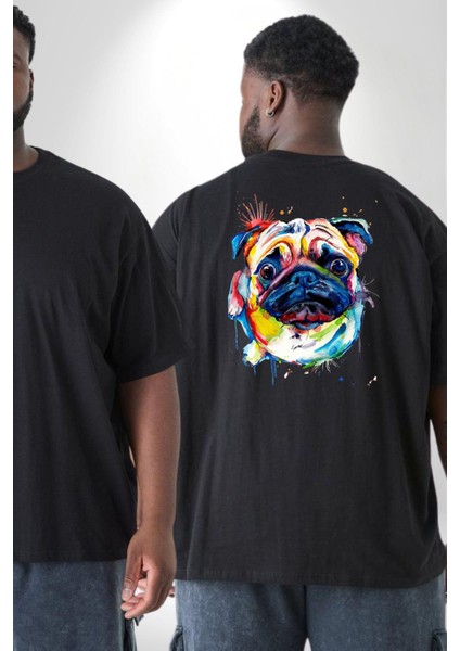 Sulu Boya Pug Köpek Büyük Beden Siyah Tişört Kadın Erkek Ünisex Sırt Baskılı fiyatları