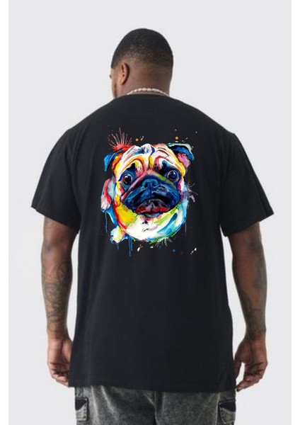 Sulu Boya Pug Köpek Büyük Beden Siyah Tişört Kadın Erkek Ünisex Sırt Baskılı fırsatları