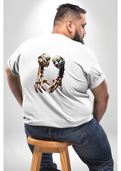 Yüz Yüze Ellerin Uyumu Büyük Beden Beyaz Tişört Kadın Erkek Ünisex Sırt Baskılı