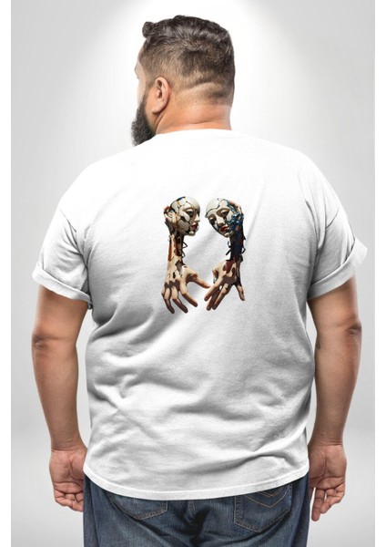 Yüz Yüze Ellerin Uyumu Büyük Beden Beyaz Tişört Kadın Erkek Ünisex Sırt Baskılı fırsatları