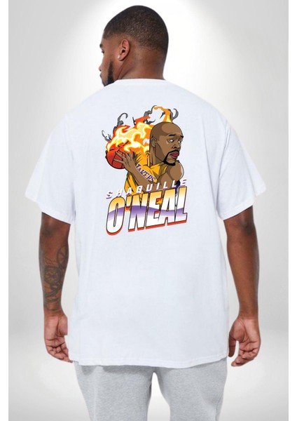 Basketbol Shaquille Oneal Star Ateş Topu Büyük Beden Beyaz Tişört Kadın Erkek Ünisex Sırt Baskılı