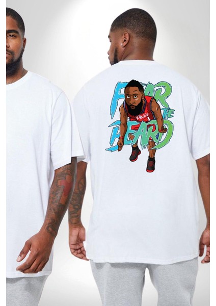 Sakaldan Korkmak Yazılı Basketbol James Harden Star Büyük Beden Beyaz Tişört Kadın Erkek Ünisex Sırt Baskılı