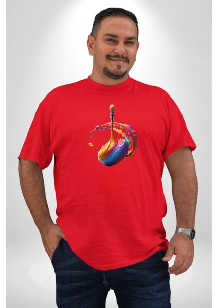 Resim Fırcası Kırmızı Büyük Beden Erkek Kadın Unisex Basic Ön Baskılı Tişört