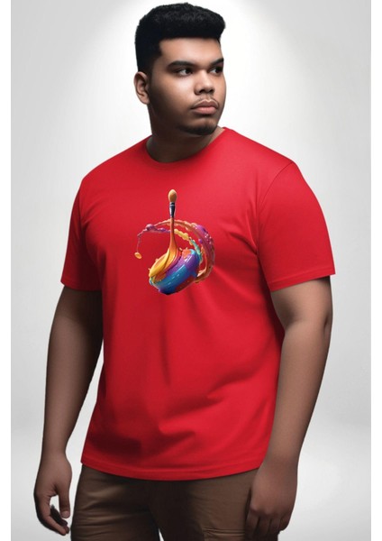 Resim Fırcası Kırmızı Büyük Beden Erkek Kadın Unisex Basic Ön Baskılı Tişört fırsatları