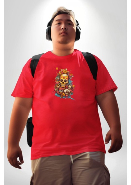 Renkli Kurukafa Hippi Kırmızı Büyük Beden Erkek Kadın Unisex Basic Ön Baskılı Tişört fiyatları