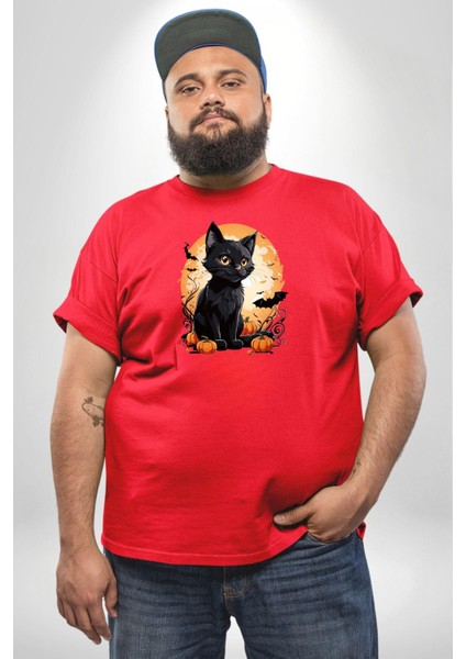 Cadılar Bayramı Kedi Kırmızı Büyük Beden Erkek Kadın Unisex Basic Ön Baskılı Tişört