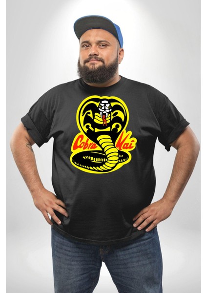 Cobra Kai Karete Çocuk Yılan Logo Dizi Siyah Büyük Beden Erkek Kadın Unisex Basic Ön Baskılı Tişört