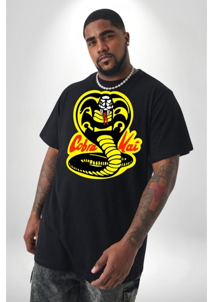 Cobra Kai Karete Çocuk Yılan Logo Dizi Siyah Büyük Beden Erkek Kadın Unisex Basic Ön Baskılı Tişört