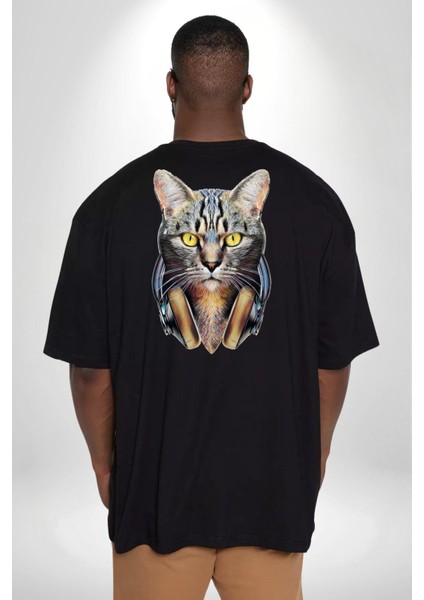 Kulaklık Kedi Büyük Beden Siyah Tişört Kadın Erkek Ünisex Sırt Baskılı fırsatları