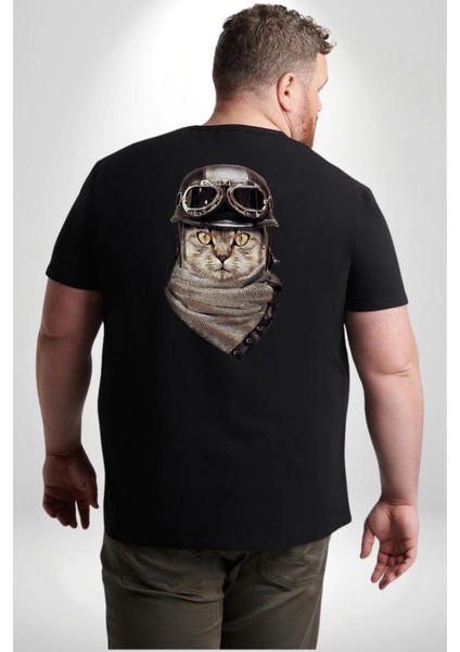 Kasket Bandana Motorcu Kedi Büyük Beden Siyah Tişört Kadın Erkek Ünisex Sırt Baskılı