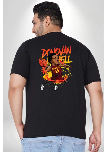Donovan Mitchell Basketbol Karikatür Büyük Beden Siyah Tişört Kadın Erkek Ünisex Sırt Baskılı