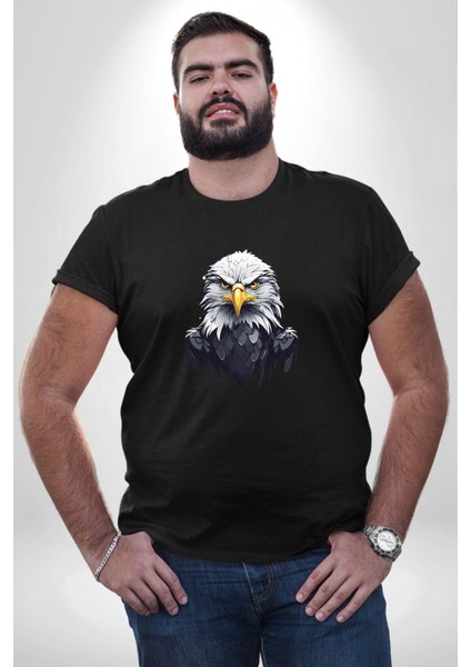Siyah Beyaz Şahin Kafası Siyah Büyük Beden Erkek Kadın Unisex Basic Ön Baskılı Tişört
